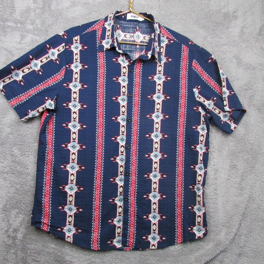 Vatpave Shirt Mens Large Blue Aztec Geometric Short Sleeve Button Front Casual